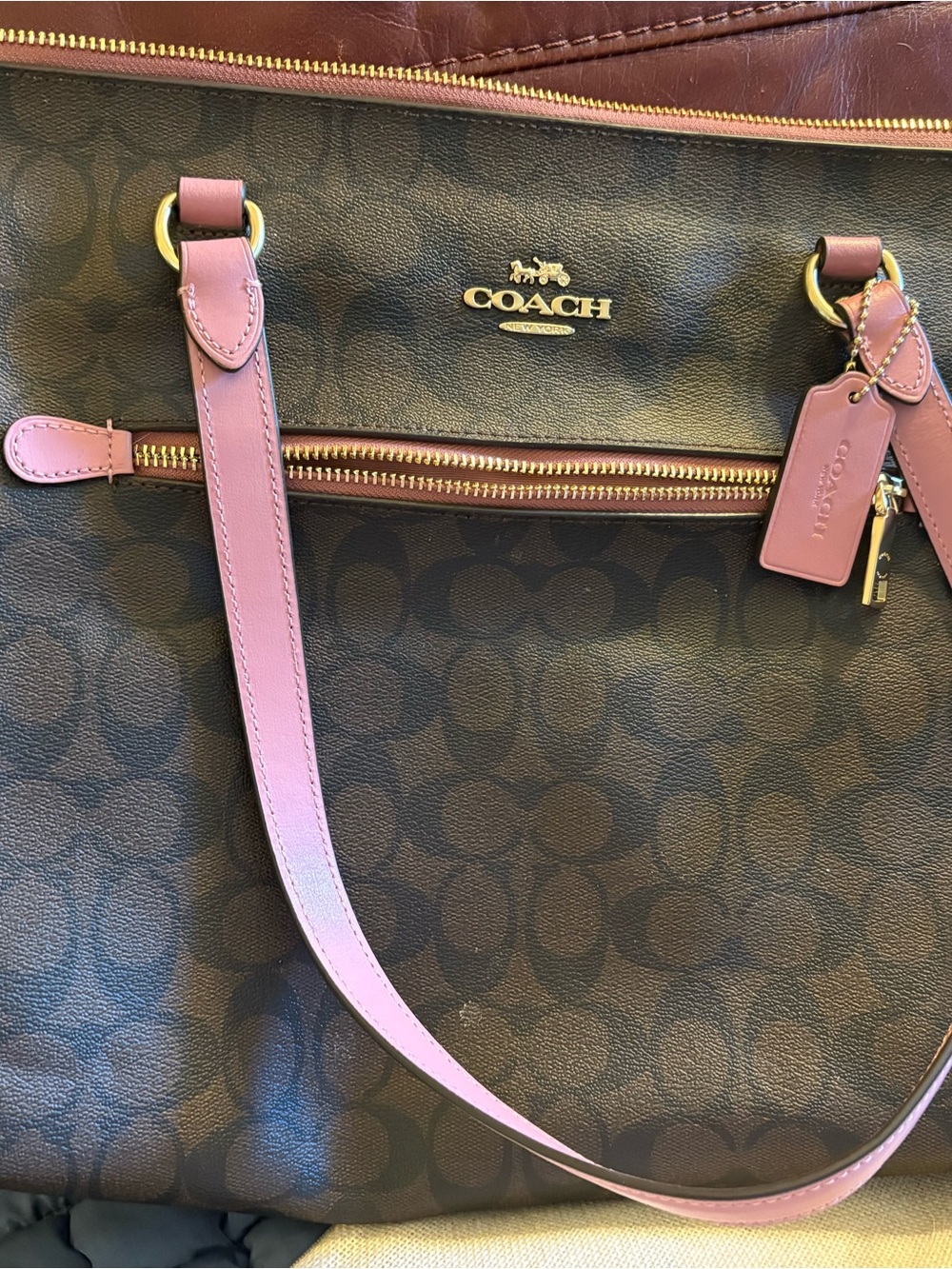 Coach Brown Signature Tote with Pink Leather Straps and Trim